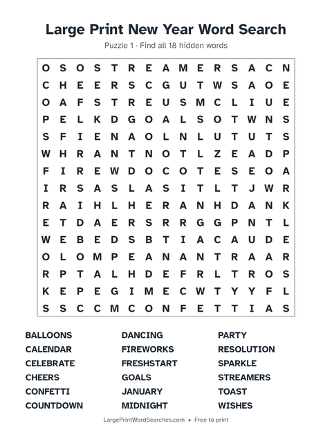 Large Print New Year Word Search — printable sheet preview
