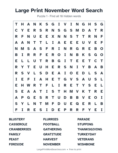 Large Print November Word Search — printable sheet preview