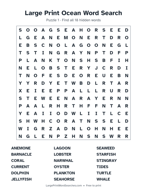 Large Print Ocean Word Search — printable sheet preview