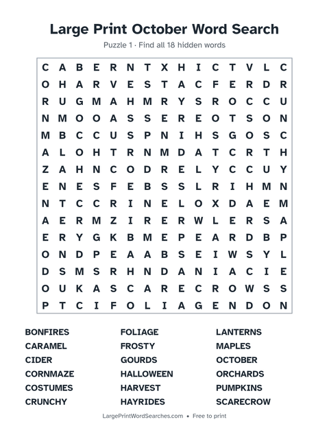 Large Print October Word Search — printable sheet preview