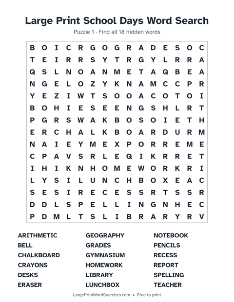 Large Print School Days Word Search — printable sheet preview