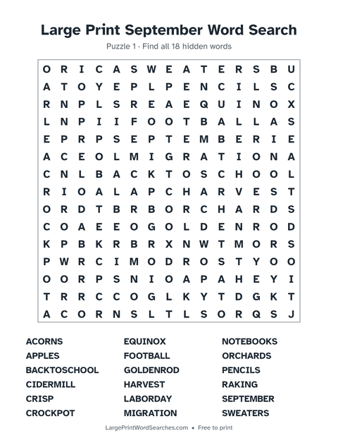 Large Print September Word Search — printable sheet preview