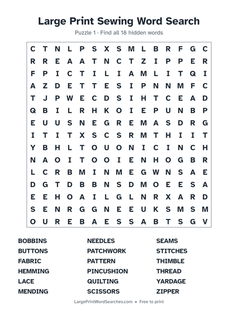 Large Print Sewing Word Search — printable sheet preview