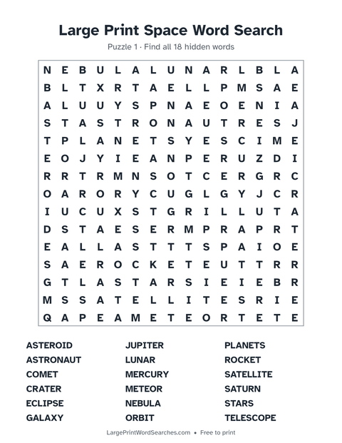 Large Print Space Word Search — printable sheet preview