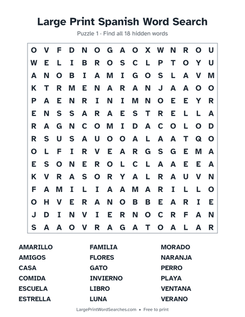 Large Print Spanish Word Search — printable sheet preview