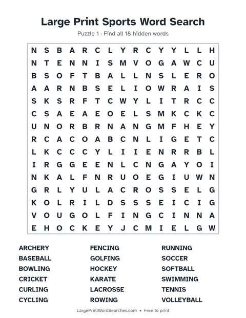 Large Print Sports Word Search — printable sheet preview