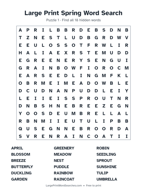 Large Print Spring Word Search — printable sheet preview