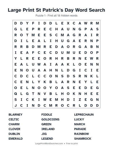 Large Print St Patrick's Day Word Search — printable sheet preview