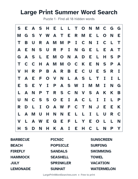 Large Print Summer Word Search — printable sheet preview