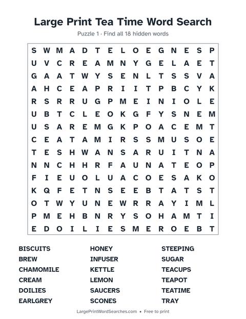 Large Print Tea Time Word Search — printable sheet preview