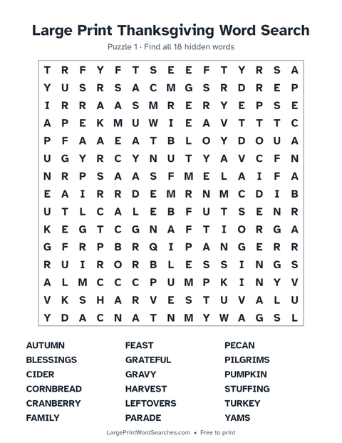 Large Print Thanksgiving Word Search — printable sheet preview
