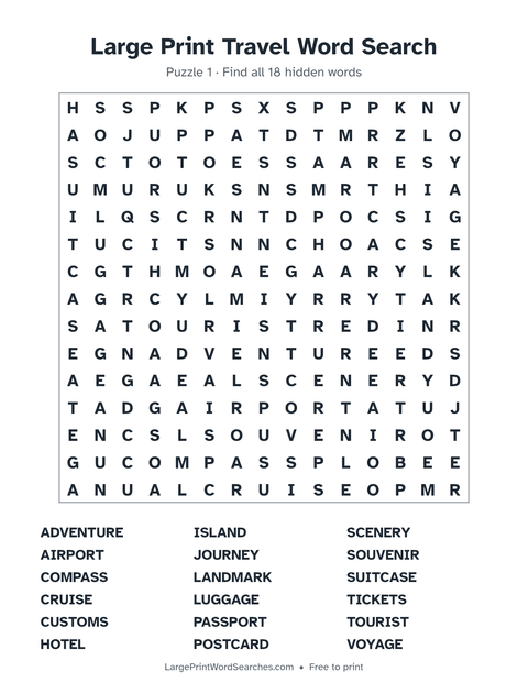 Large Print Travel Word Search — printable sheet preview