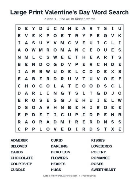Large Print Valentine's Day Word Search — printable sheet preview