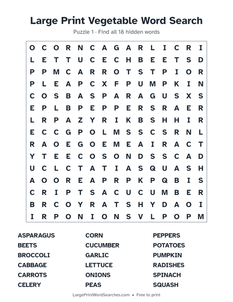 Large Print Vegetable Word Search — printable sheet preview