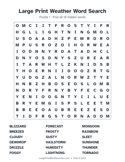 Large Print Weather Word Search — printable sheet preview