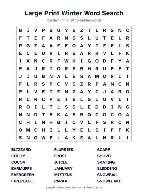 Large Print Winter Word Search — printable sheet preview