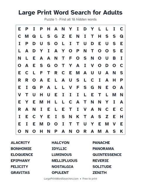Large Print Word Search for Adults — printable sheet preview