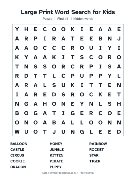 Large Print Word Search for Kids — printable sheet preview